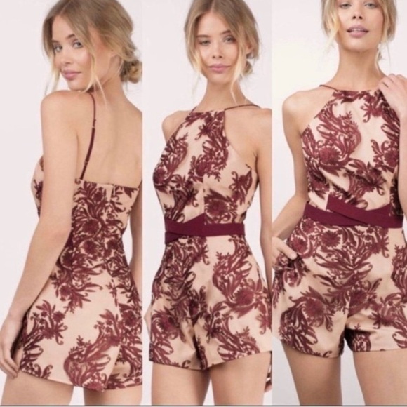 Stylestalker Mehndi wine and nude lace overlay halter romper. Size Medium. - Picture 1 of 8